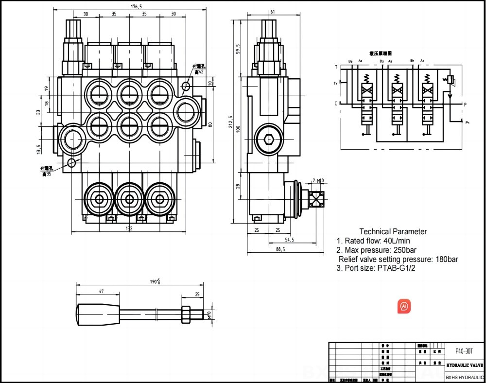 P40 手控 3路 整体换向阀 drawing image