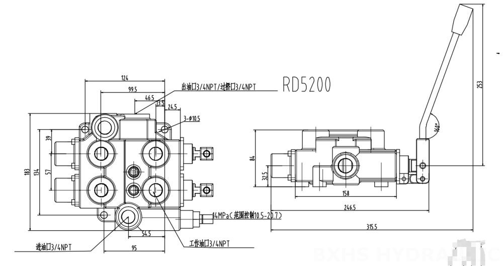 RD5200 手控 2路 液压控制阀 drawing image