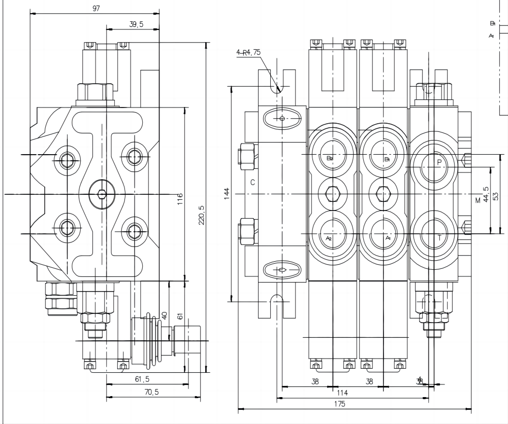 DCV60 手控 2路 分片换向阀 drawing image