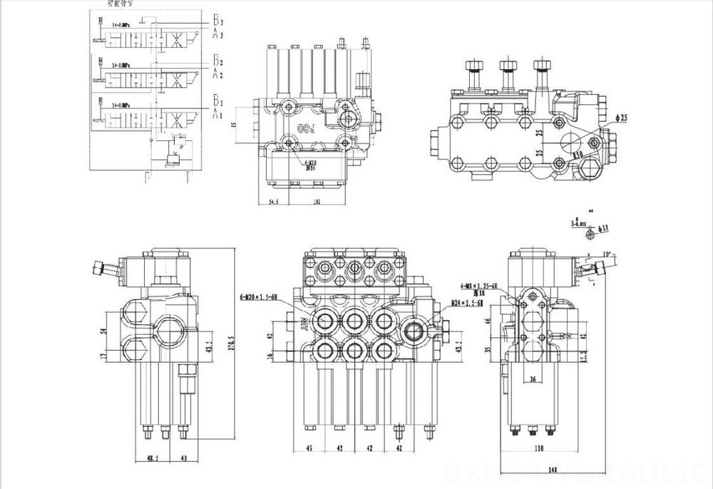 MP80 手控 3路 液压分配器 drawing image