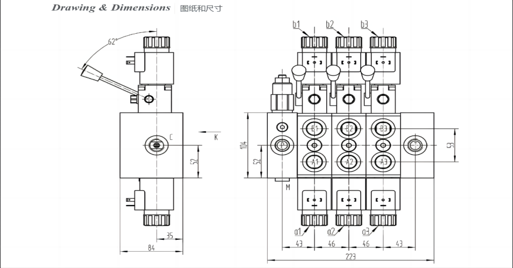 DCV58 电磁+手控 3路 分片换向阀 drawing image