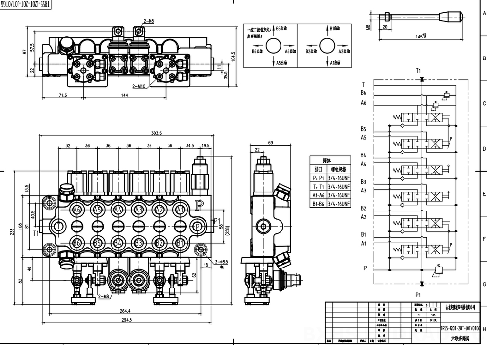 TR55 手控+一控二 6路 整体换向阀 drawing image