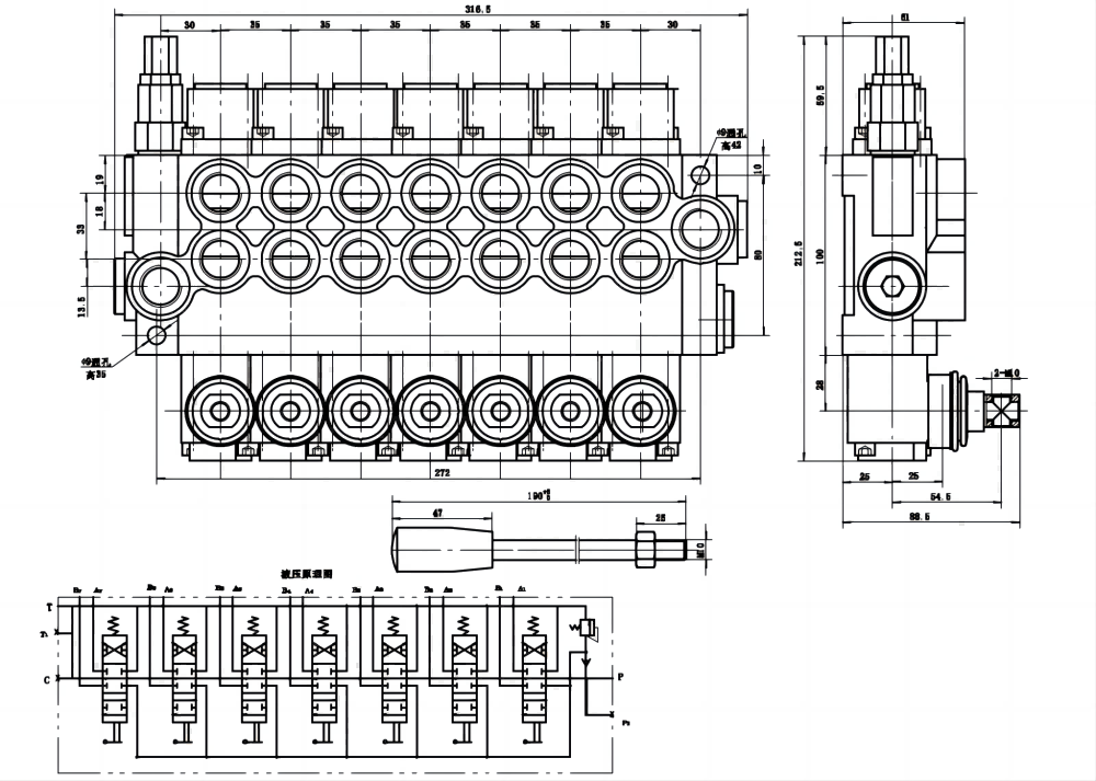 P40-U78 手控 7路 整体换向阀 drawing image