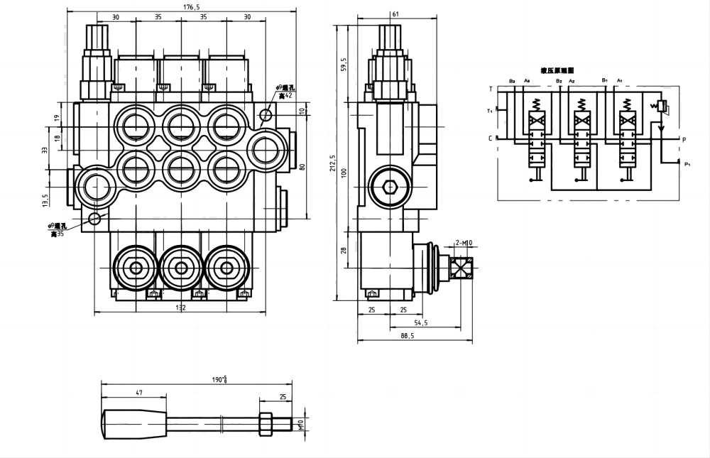 P40-U78 手控 3路 整体换向阀 drawing image