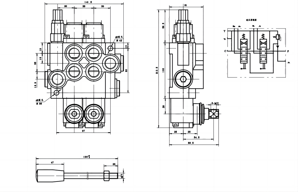 P40-DKL 手控 2路 整体换向阀 drawing image