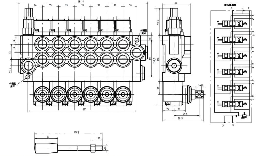 P40-G12-G38 手控 6路 整体换向阀 drawing image