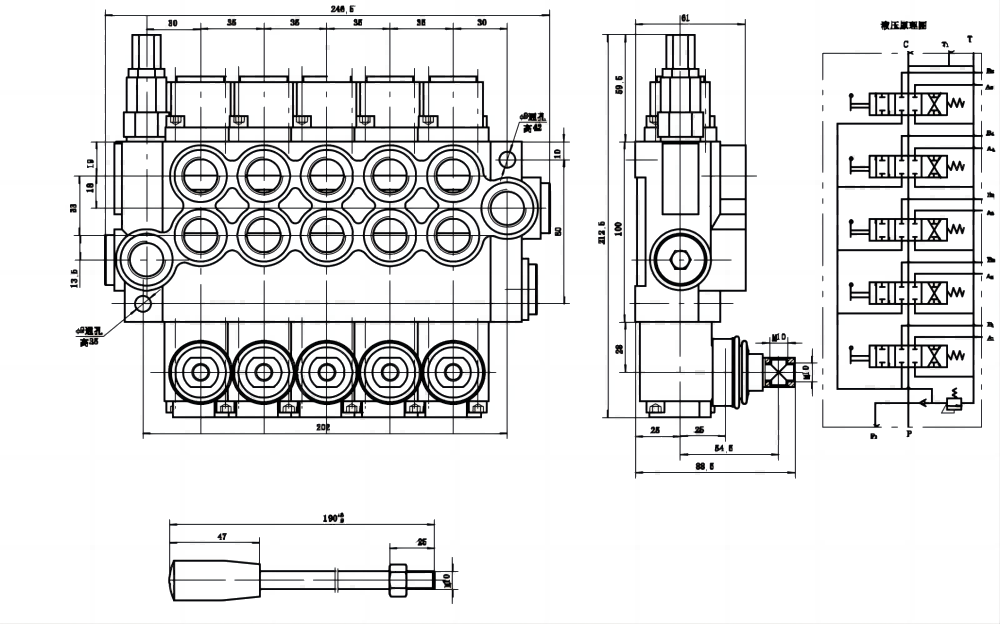 P40-U78 手控 5路 整体换向阀 drawing image