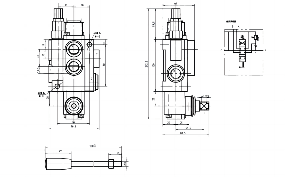 P40-G38-OT 手控 1路 整体换向阀 drawing image