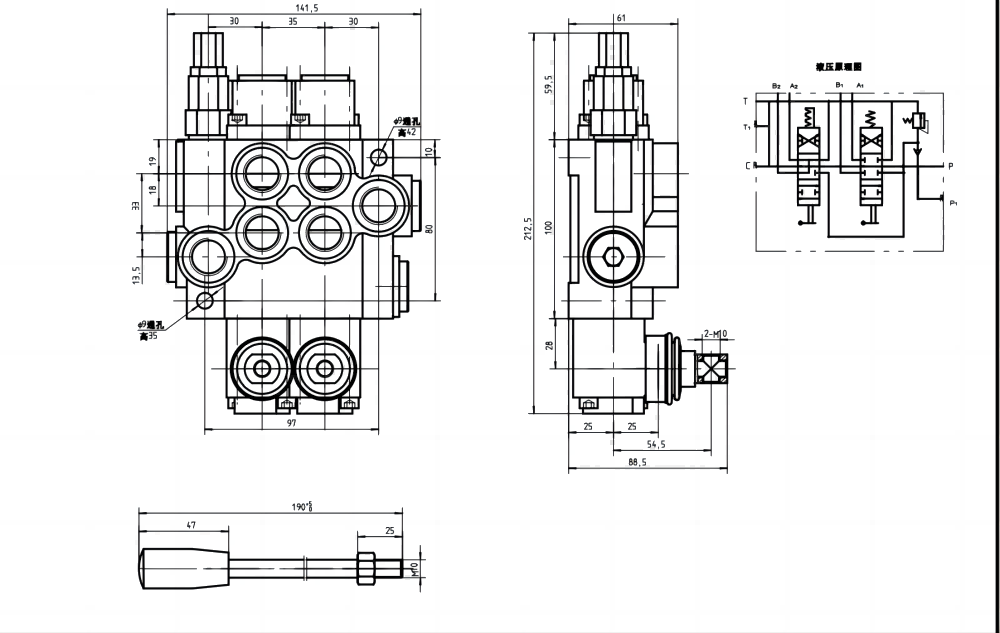 P40-U78-U34-OT-YW 手控 2路 整体换向阀 drawing image