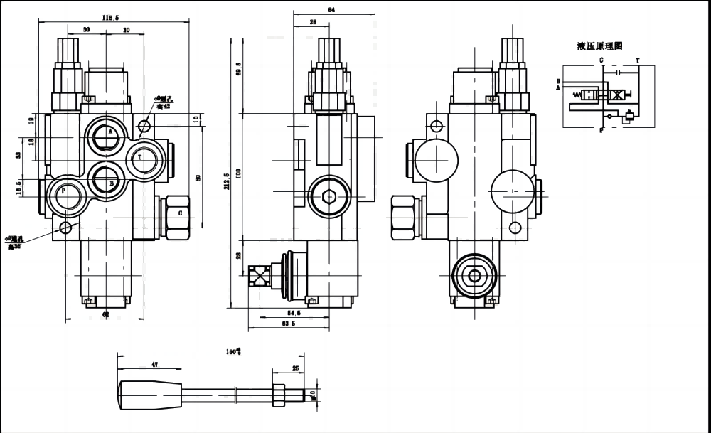 P40J 手控 1路 整体换向阀 drawing image