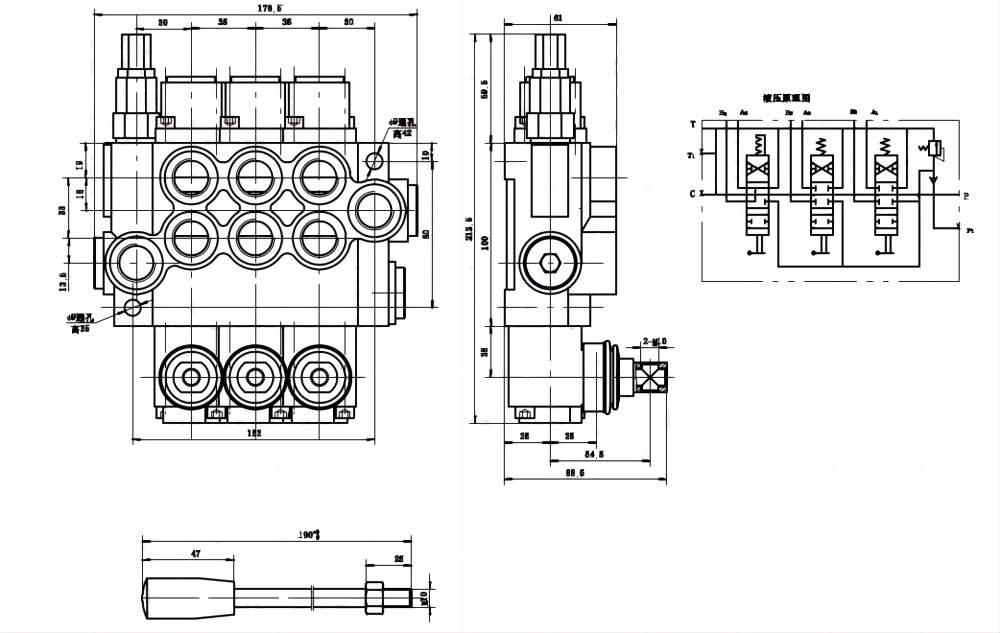 P40-U78-U34-2OT-YW 手控 3路 整体换向阀 drawing image