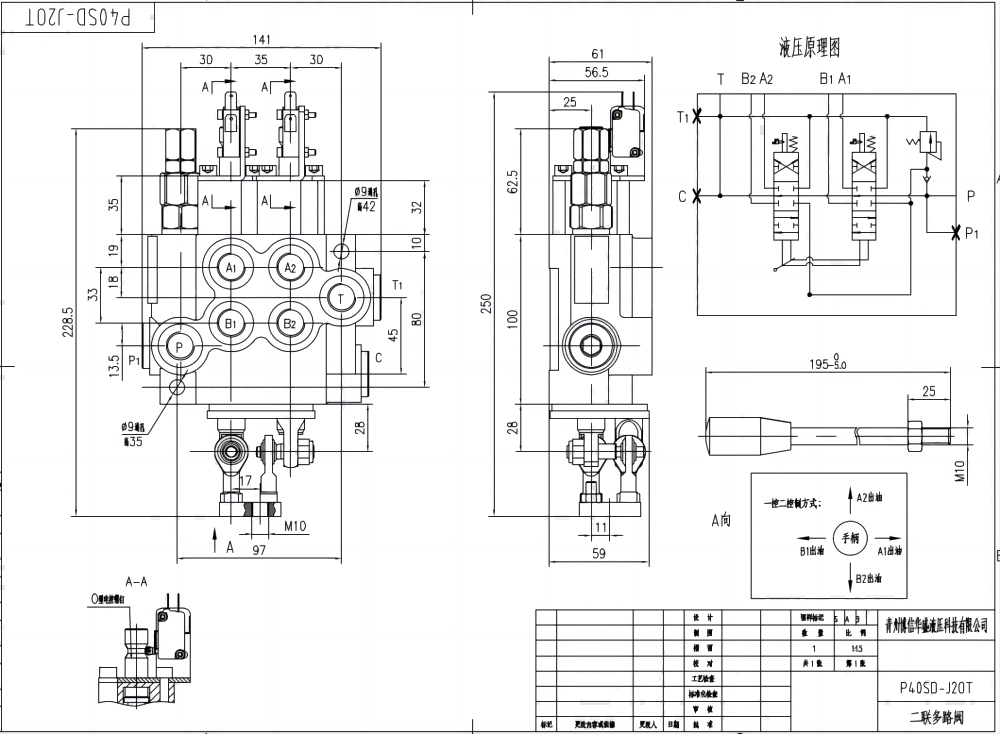 P40 Micro Switch 一控二手柄控制 2路 整体换向阀 drawing image