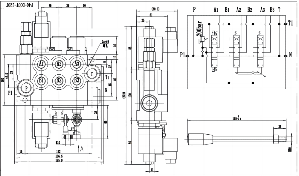 P40 电磁+一控二 3路 整体换向阀 drawing image