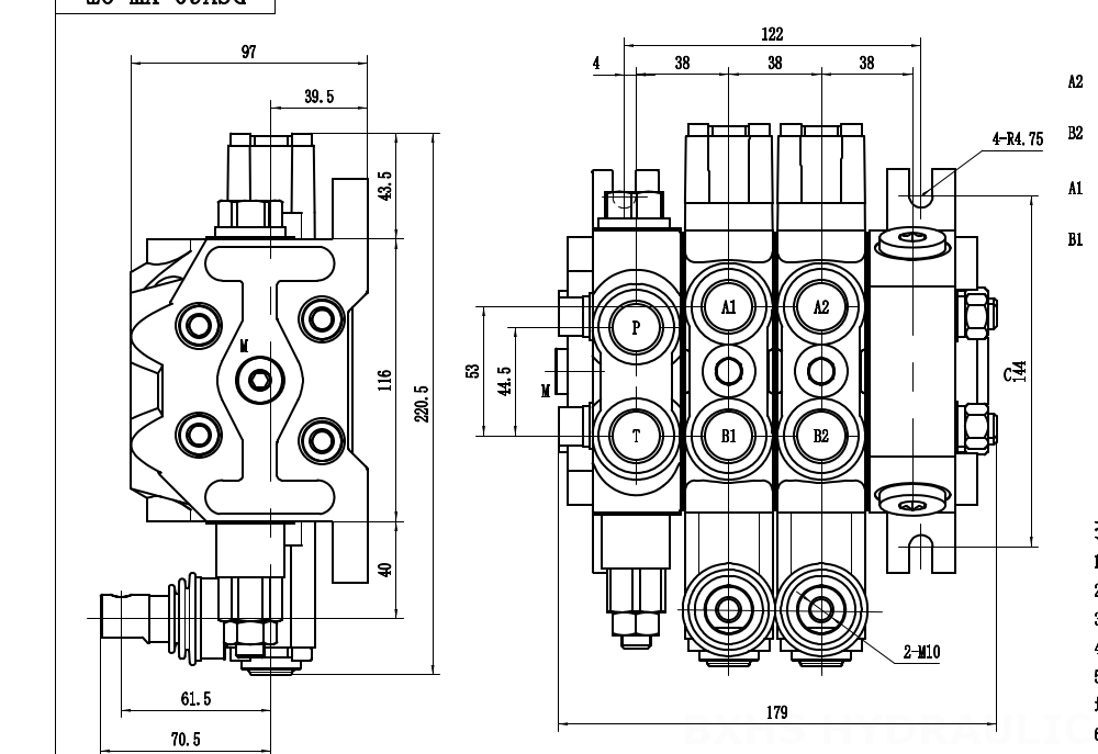 DCV60-Double control 手控 2路 分片换向阀 drawing image