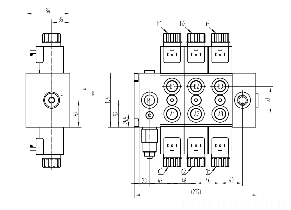 DCV58 电磁 3路 分片换向阀 drawing image