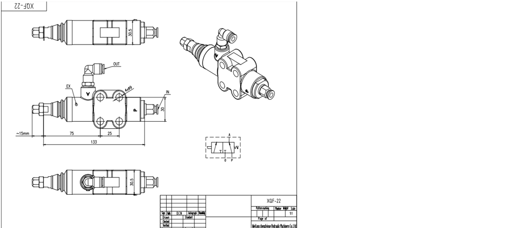 XQF-22A 气控 1路 整体换向阀 drawing image