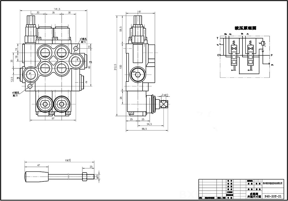 P40A 手控 2路 整体换向阀 drawing image