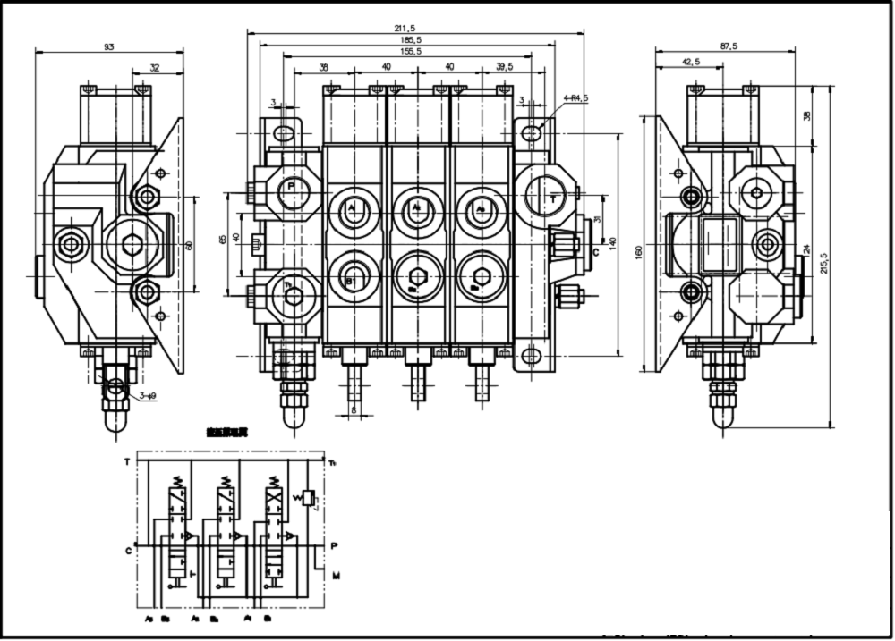 HSDS15 手控 3路 整体换向阀 drawing image