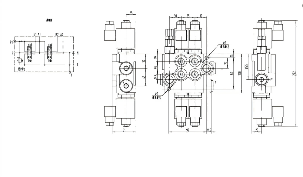 P40-DKL 电磁 2路 整体换向阀 drawing image