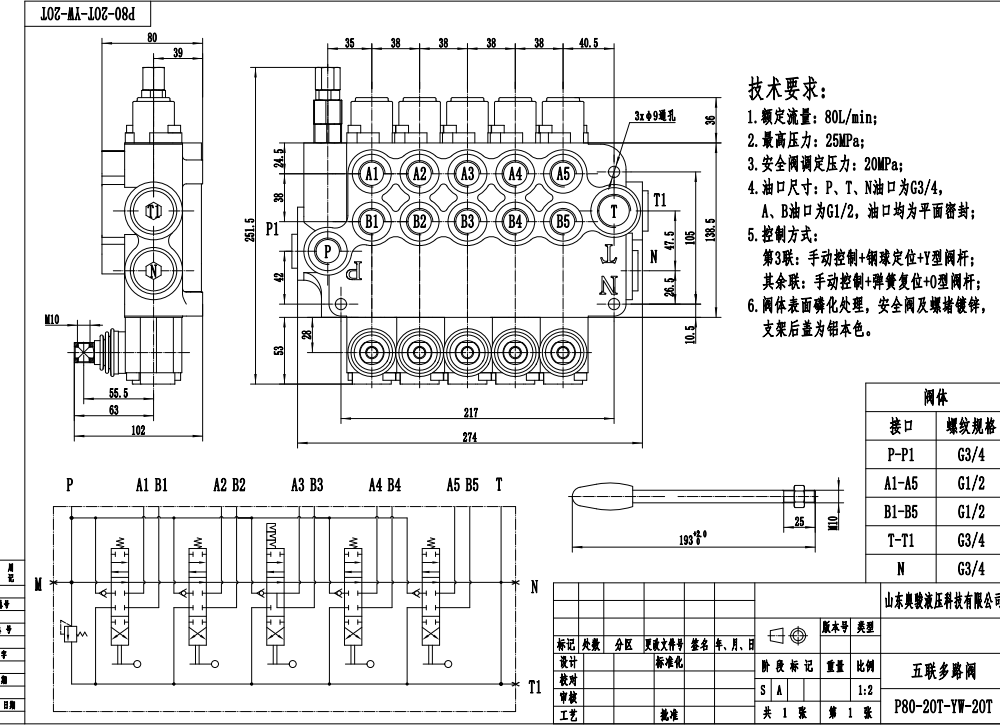 P80-G34-G12-2OT-YW-2OT 手控 5路 单块式方向阀 drawing image