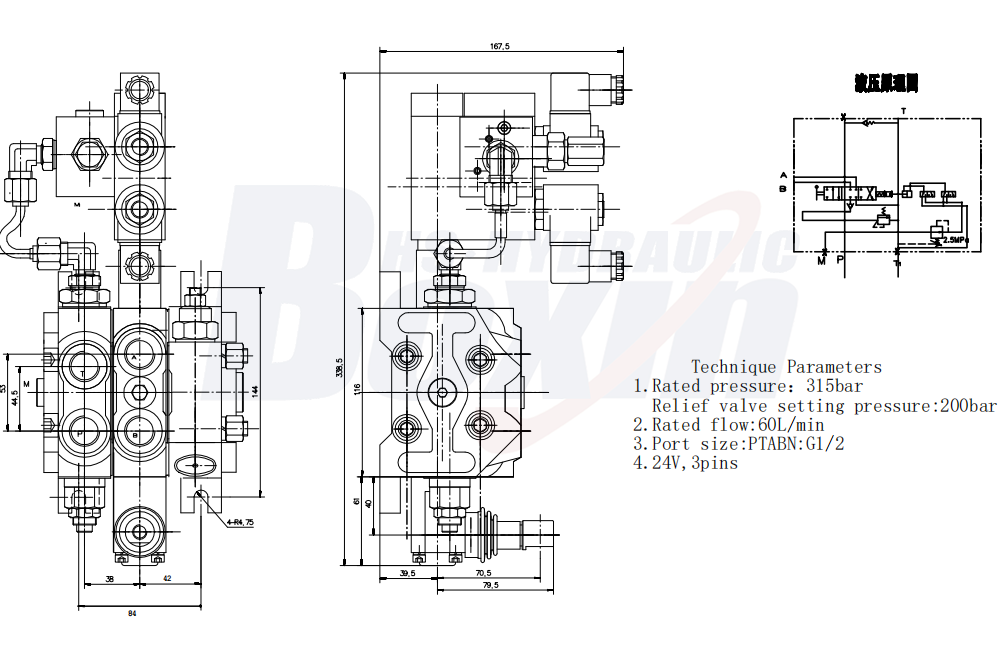 DCV60 电液控 1 联 分块式方向阀 drawing image