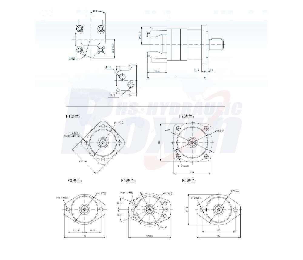 BM5 手动换向阀马达 160 毫升/转 75 Lpm 液压马达 drawing image