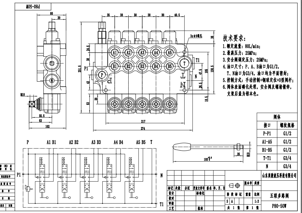 P80-G12-G34-OW 手控 5 联 单块式方向阀 drawing image