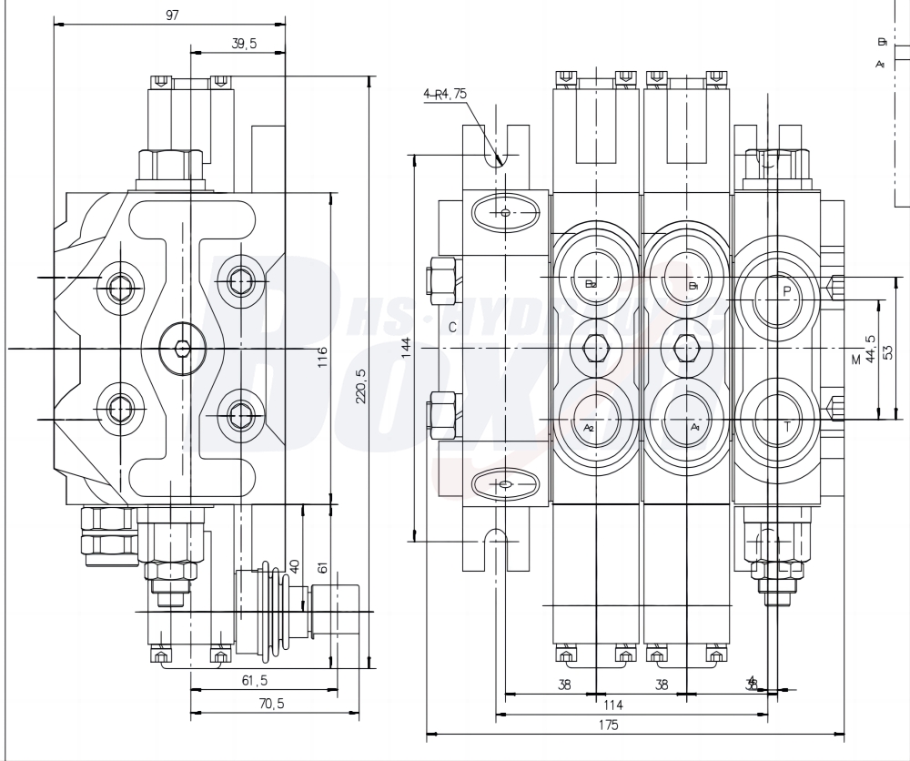 DCV60-FZJ 手控 2 联 分块式方向阀 drawing image