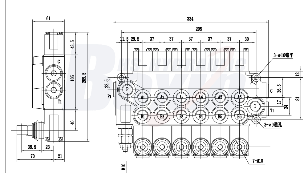 DCV40 手控 6 联 单块式方向阀 drawing image